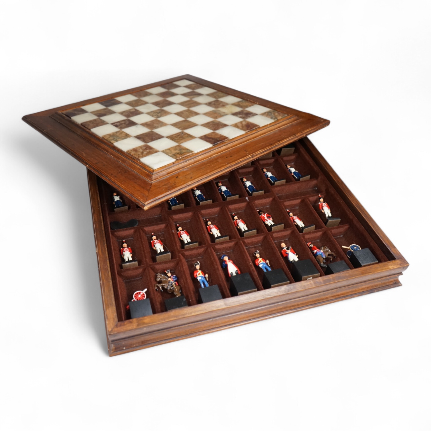 A military chess set, solid-cast figures, in walnut and marble case, 50cm wide